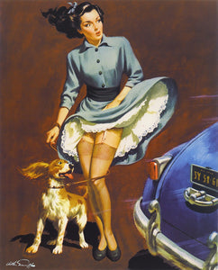 Arthur Sarnoff - Pin-Up Girl Skirt Blowing Up Walking Dog 1950s Signed - 17"x22" Fine Art Print