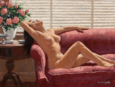 Arthur Sarnoff - The Red Couch, Nude Pin-Up Girl 1960s Signed - 17" x 22" Print