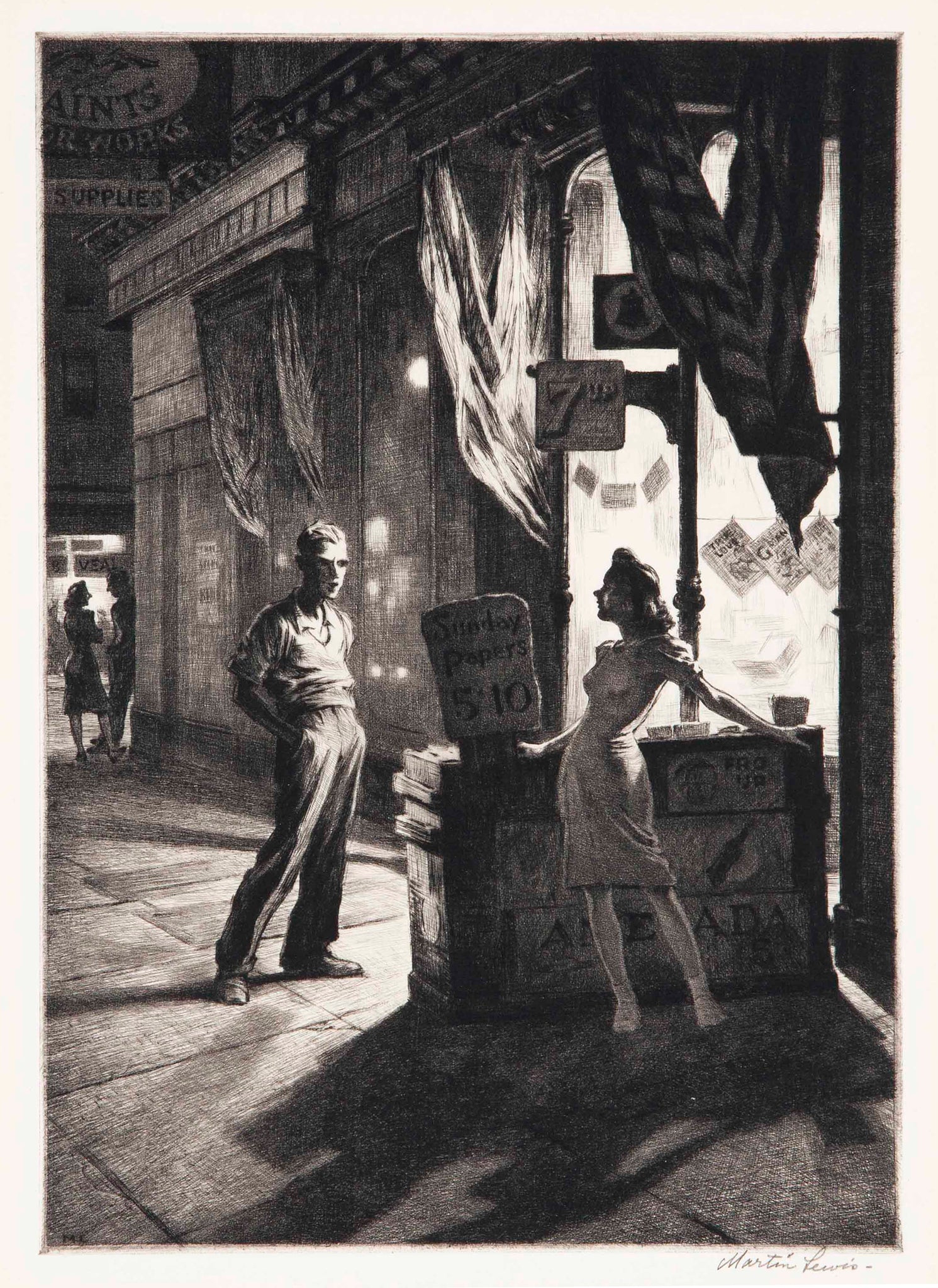 Martin Lewis - Chance Meeting, New York City Night (1930) Signed - 17" x 22" Print