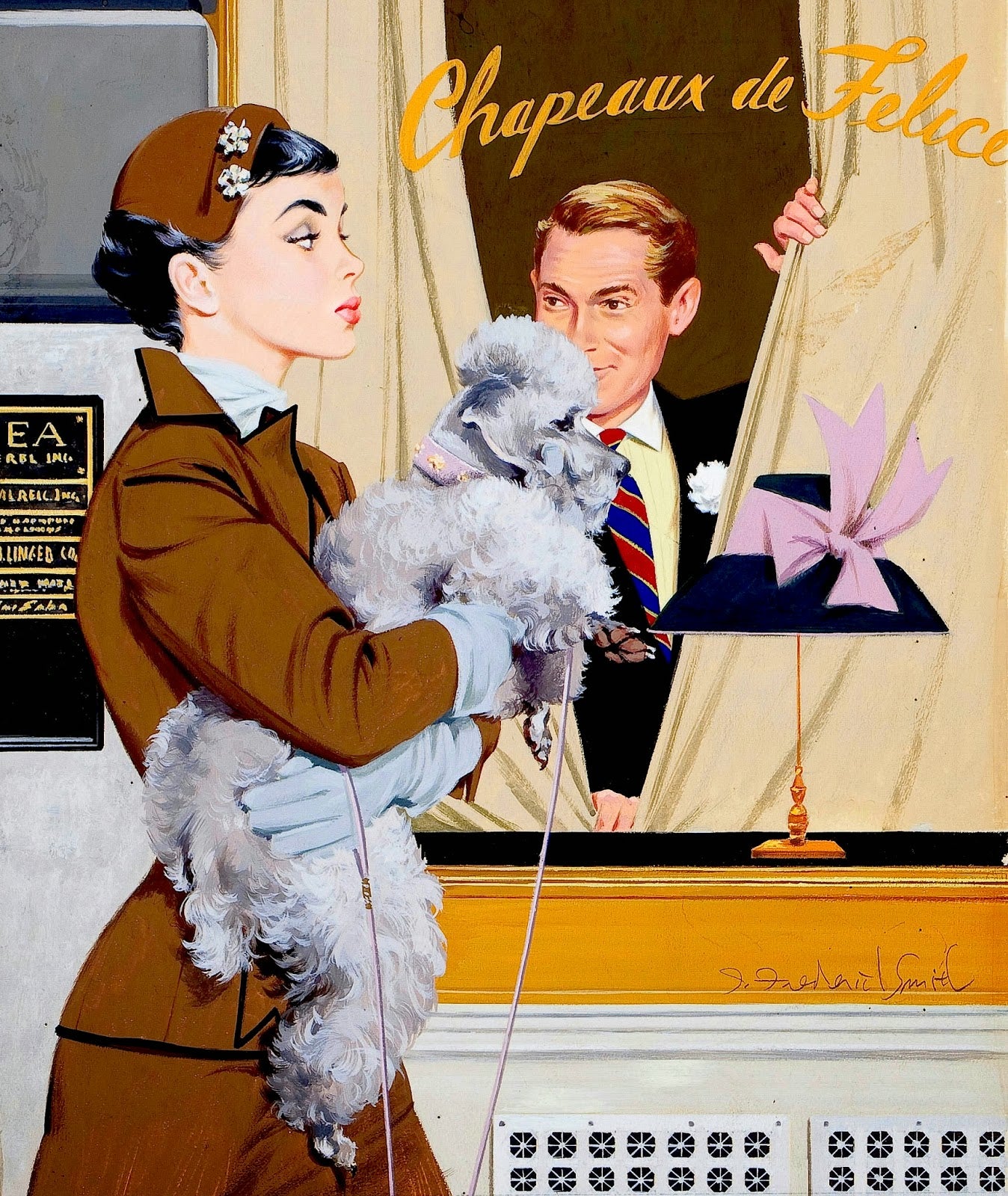 J. Frederick Smith - Window Shopping with Poodle 1940s Signed - 17" x 22" Print