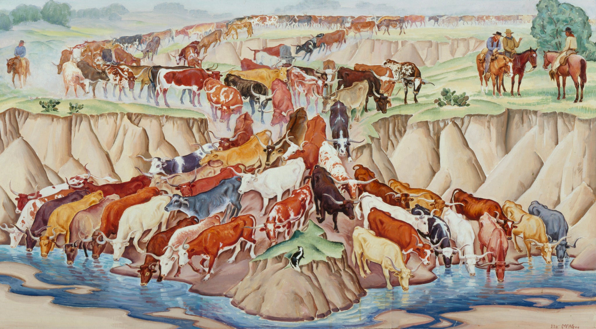 Ila Mae Mcafee - Long Horns Watering on Cattle Drive Signed - 17"x22" Art Print