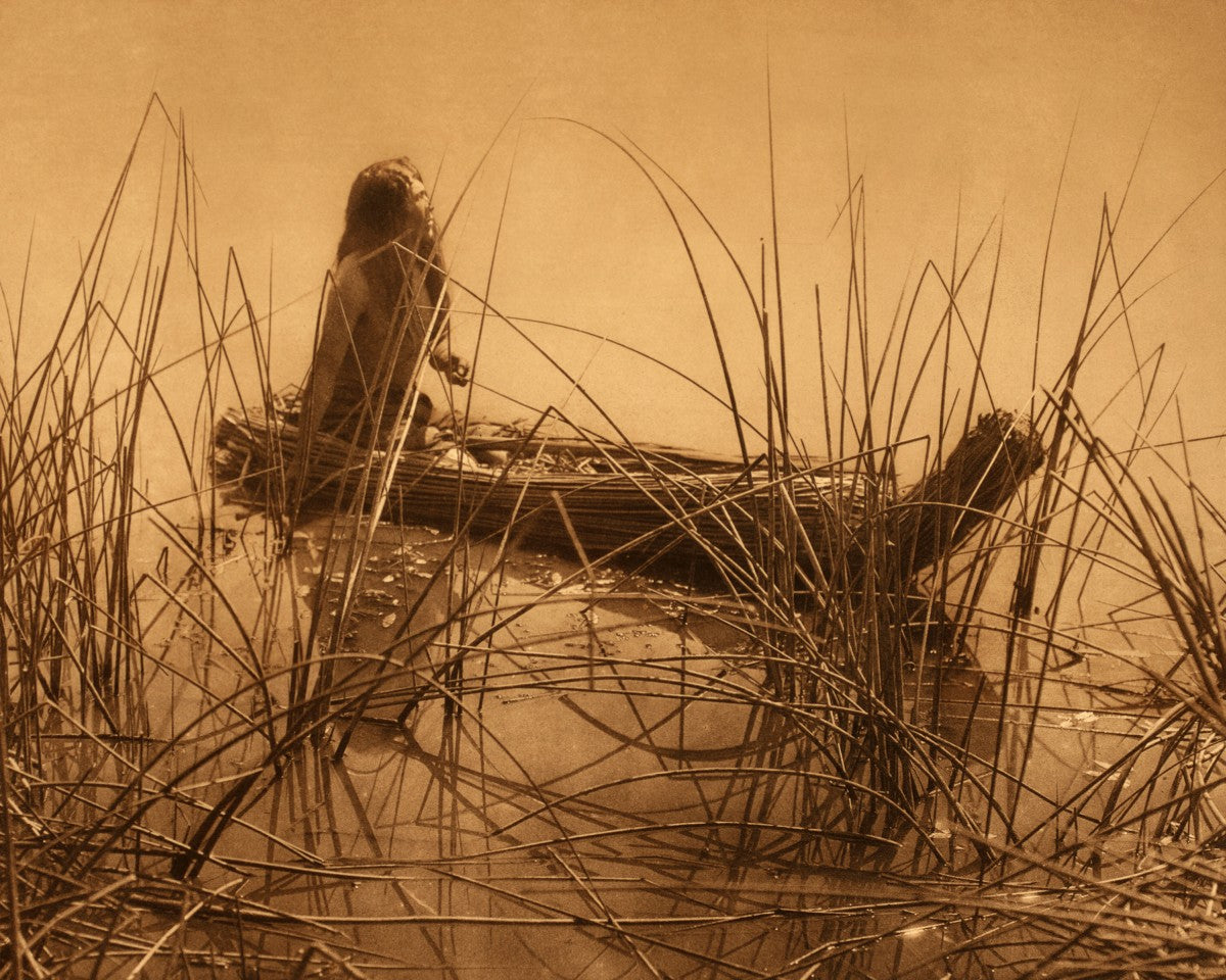 Edward Curtis - Canoe of Tules, Native American Pomo Indian (1924) - 17"x22" Print