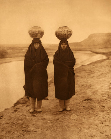 Edward Curtis - Zuni Girls at the River Carrying Pots on Head (1903) - 17" x 22" Fine Art Print