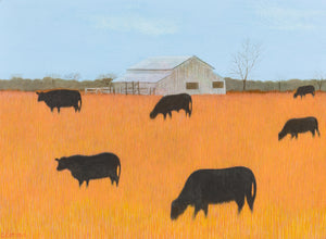 Carroll Cloar - Black Angus (1967) Cows Roaming Farm - 17" x 22" Fine Art Print