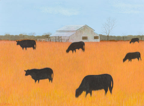 Carroll Cloar - Black Angus (1967) Cows Roaming Farm - 17" x 22" Fine Art Print