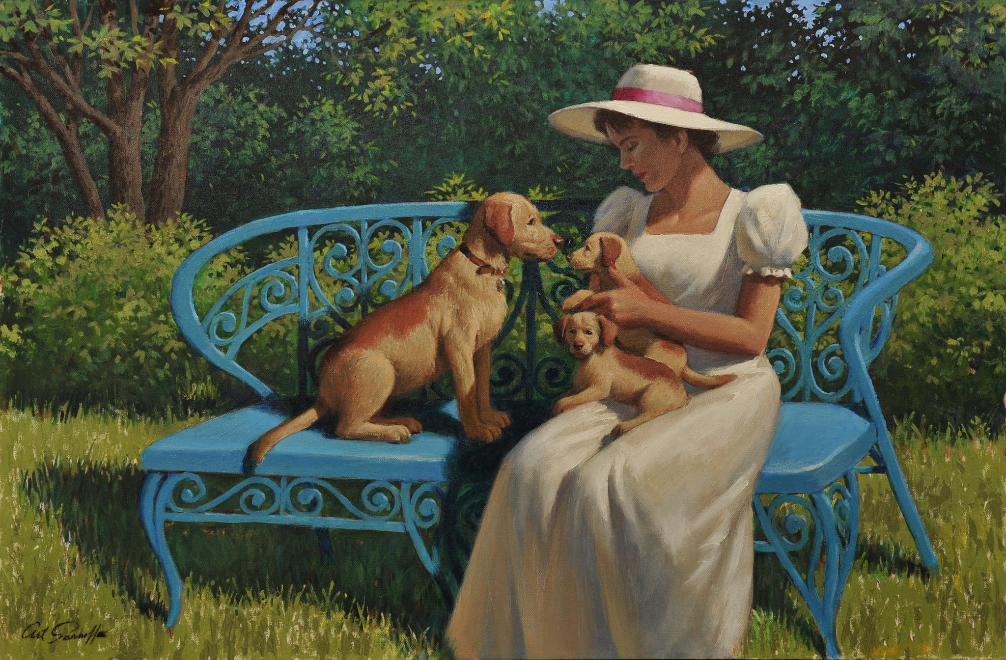 Arthur Sarnoff - Woman on Park Bench with Dogs (1940s) - 17"x22" Fine Art Print