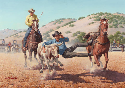 Arthur Sarnoff - Wrangling the Steer (1940s) Cowboys - 17" x 22" Fine Art Print