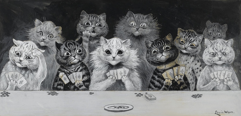 Louis Wain - A Game of Cards (1896) Cats Playing Cards - 17"x22" Fine Art Print