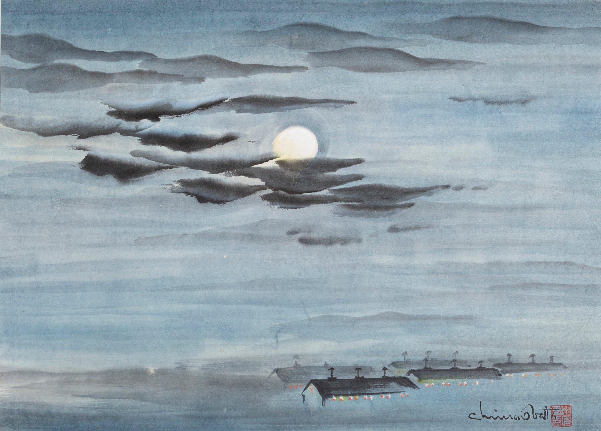 Chiura Obata - Topaz War Relocation Center by Moonlight (1943) - 17" x 22" Print