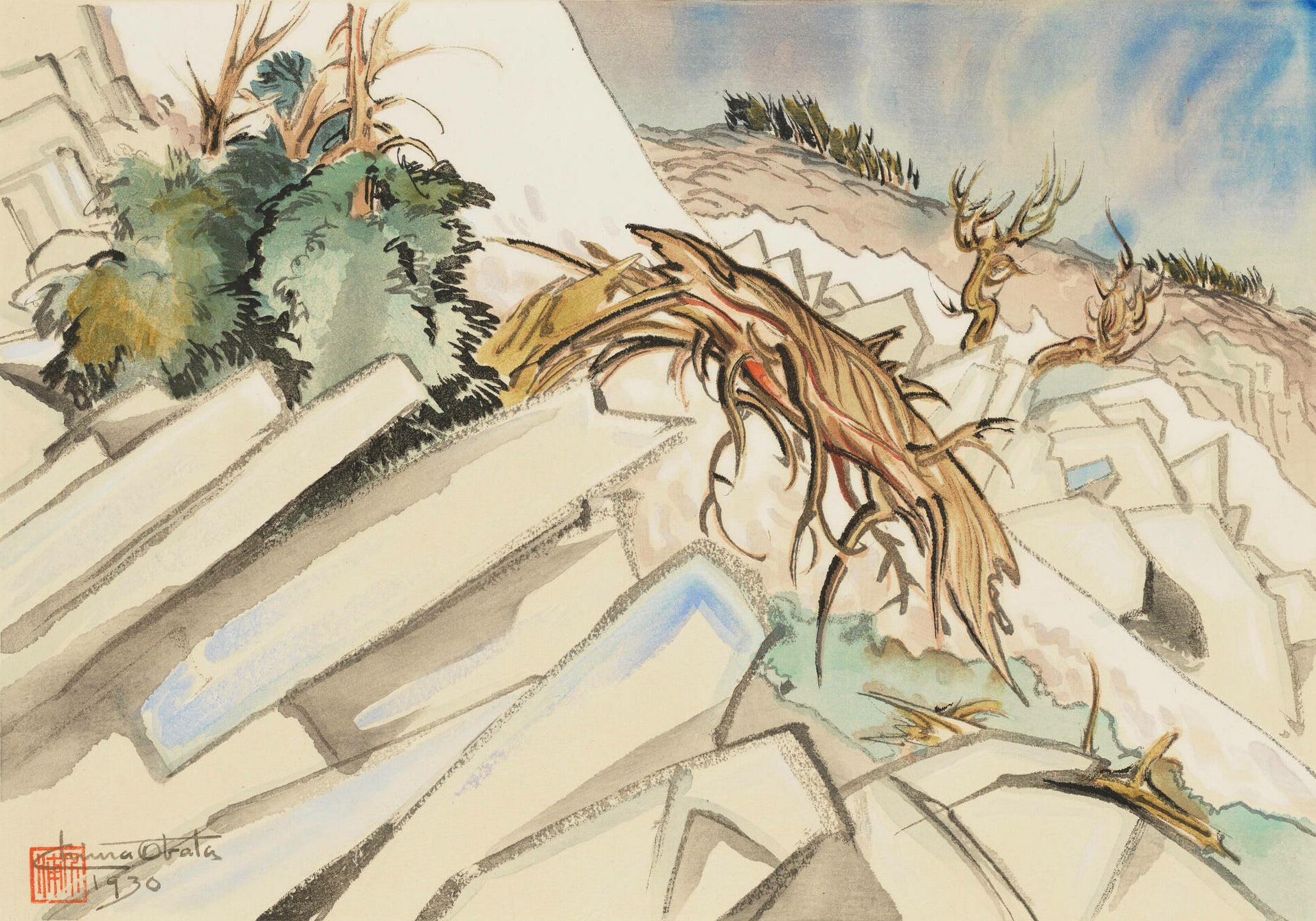 Chiura Obata - Struggle, Trail to Johnson Peak (1930) - 17" x 22" Fine Art Print