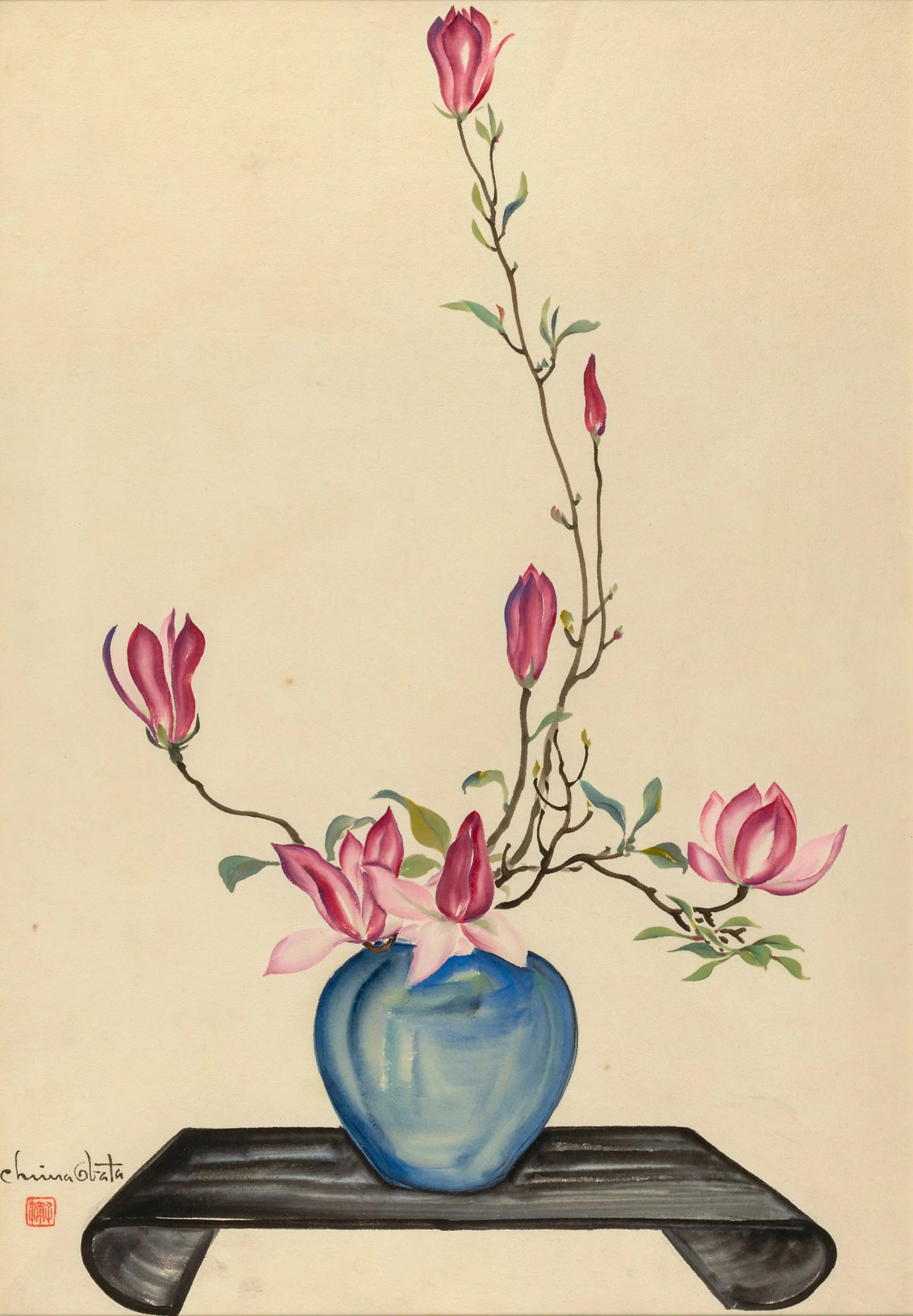 Chiura Obata - Magnolia in a Blue Round Vase (1930s) Flowers - 17"x22" Art Print