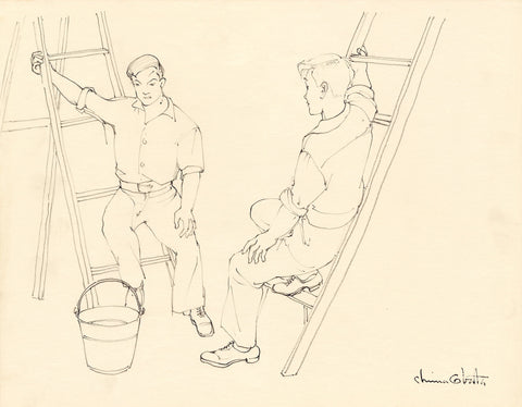 Chiura Obata - Study of Workmen on Ladders @ UC Berkeley (1930s) - 17"x22" Print