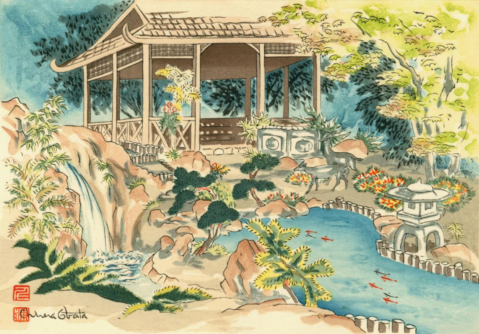 Chiura Obata - Deer in Japanese Garden, Koi Waterfall (1940s) - 17" x 22" Print