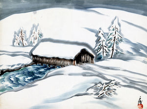 Chiura Obata - Gentle Snowscape with Covered Bridge (1930s) - 17"x22" Art Print