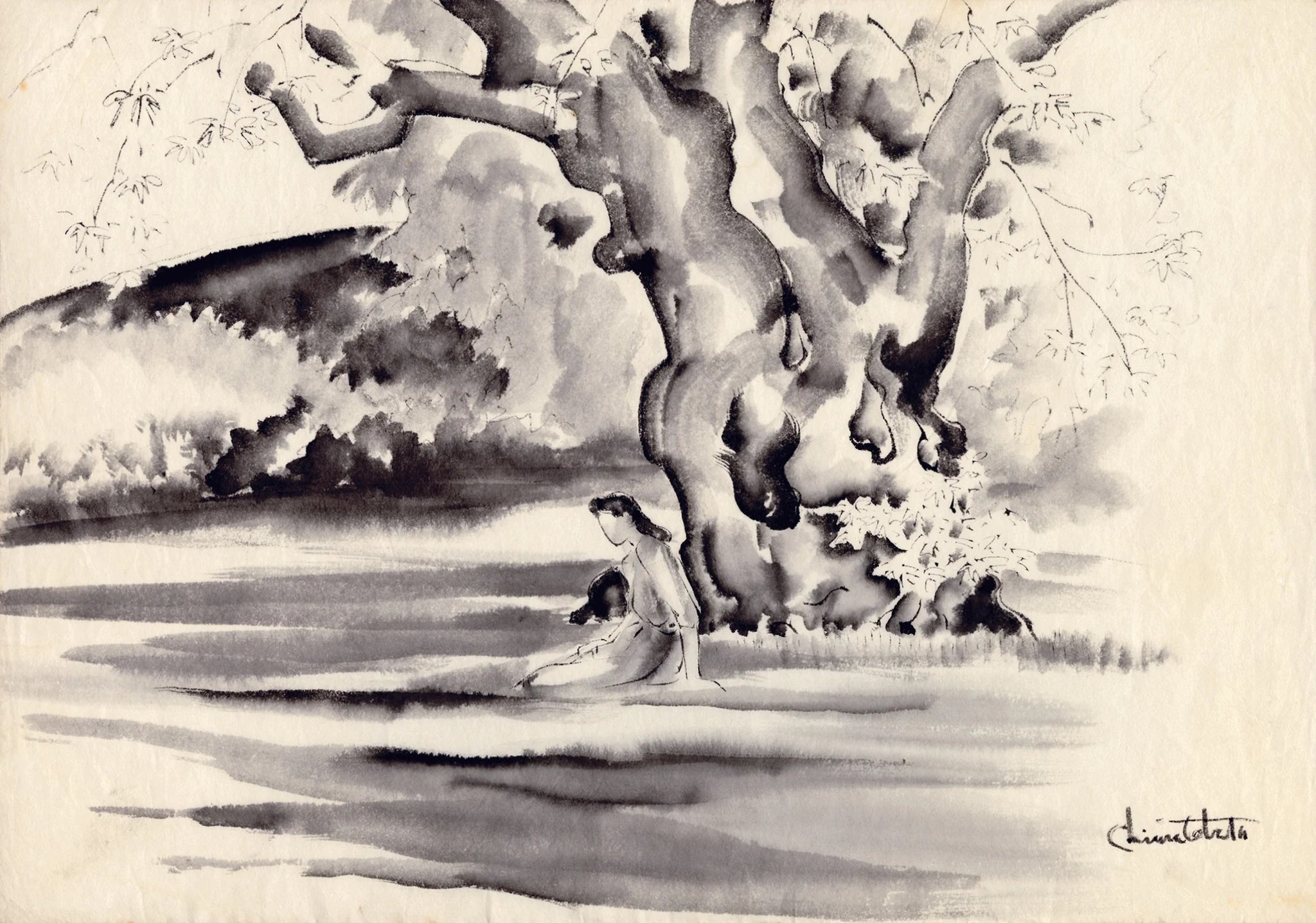 Chiura Obata - Woman Seated Beneath a Large Tree (1934) - 17"x22" Fine Art Print