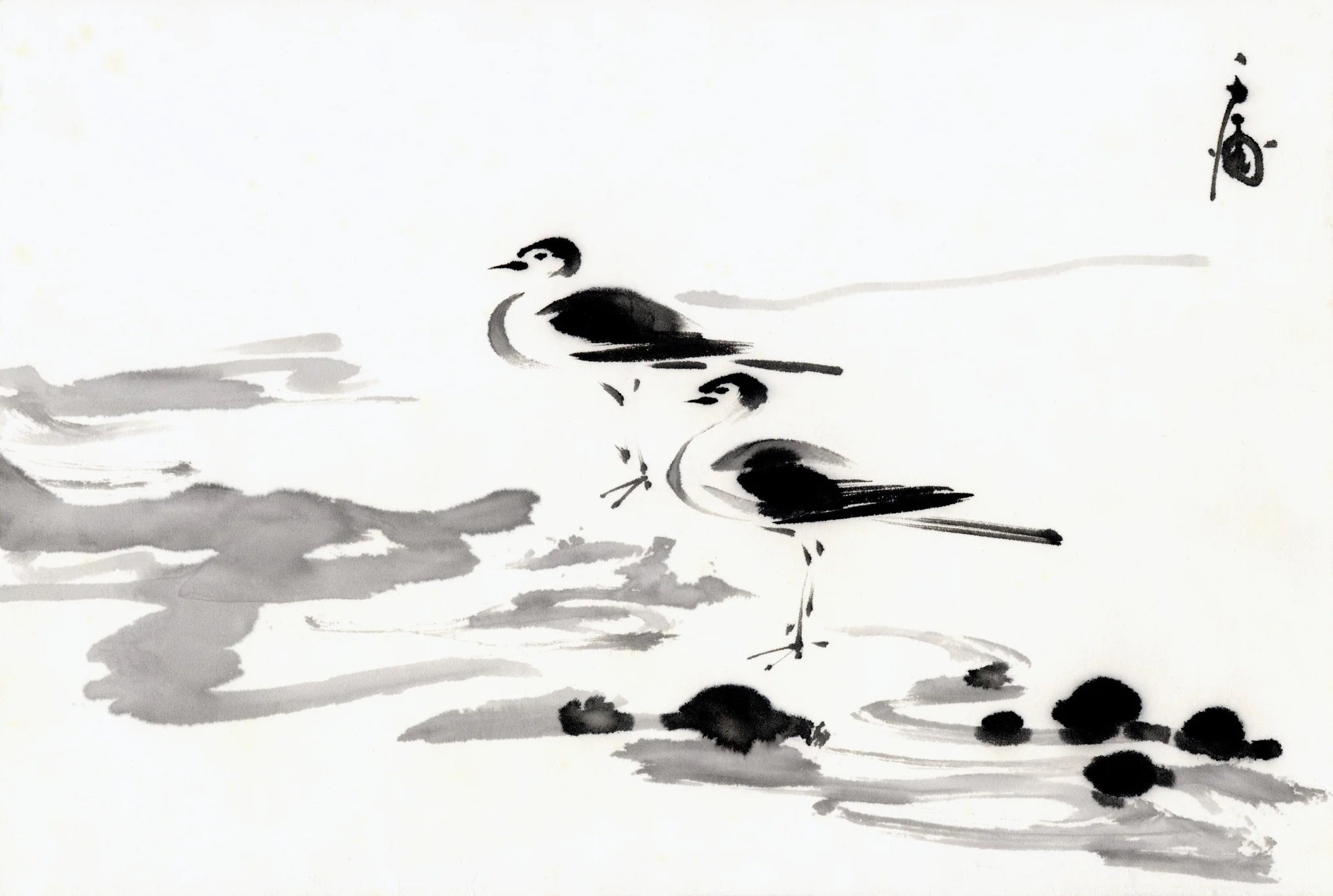 Chiura Obata - Sumi-e of Two Seabirds on the Shore (1930s) - 17" x 22" Art Print