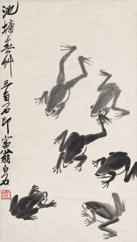 Qi Biashi - Flying Frogs (circa 1910) Chinese Watercolor - 17" x 22" Art Print