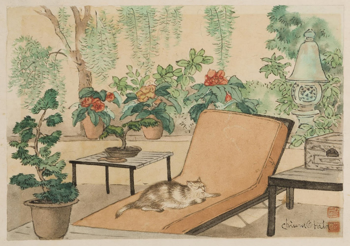 Chiura Obata - Daikan Cat Lounging in Garden (1950s) - 17" x 22" Fine Art Print