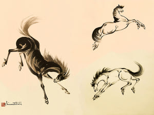 Chiura Obata - Horses Leaping and Stallion (1950s) - 17" x 22" Fine Art Print