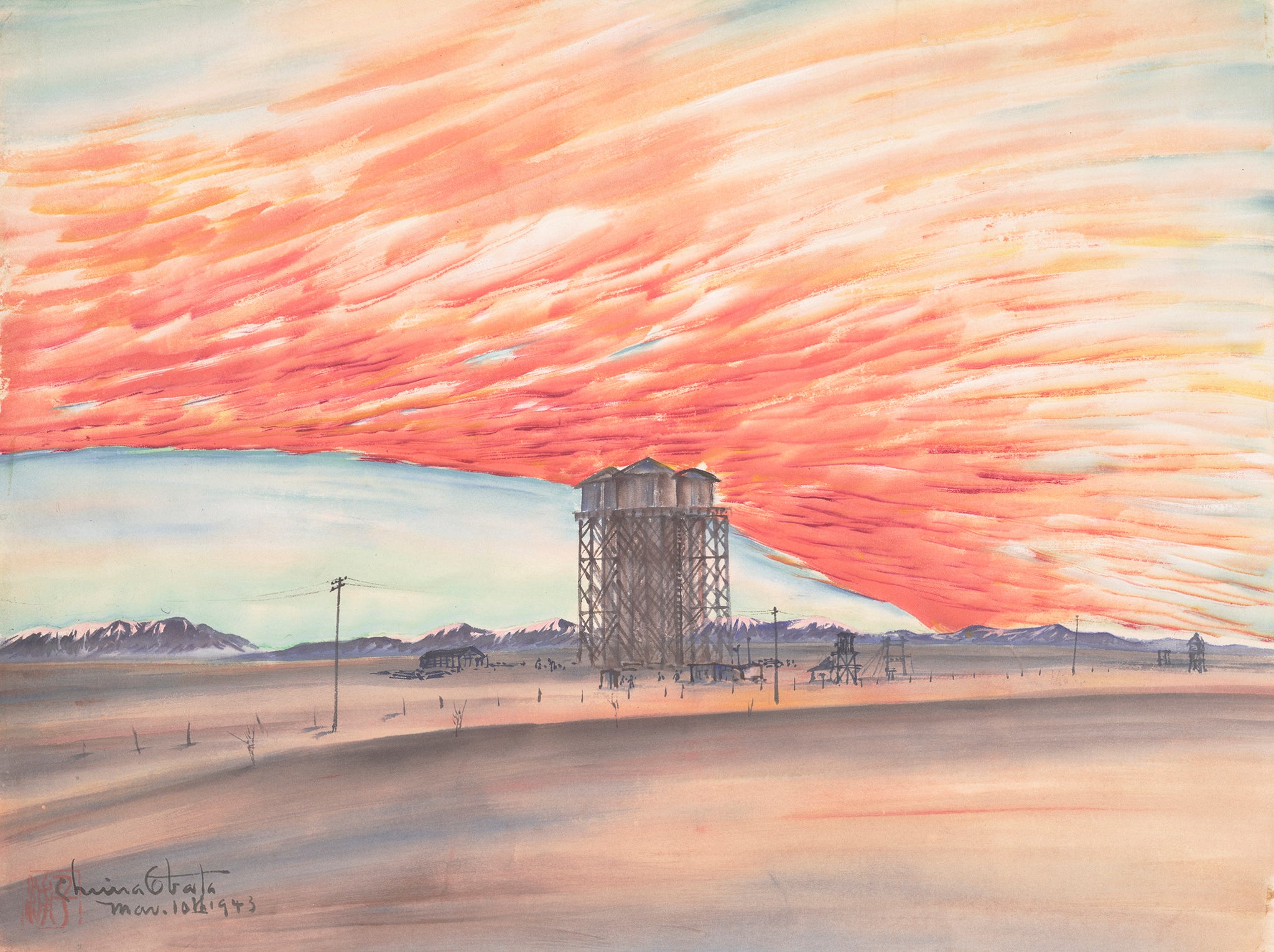 Chiura Obata - Sunset, Water Tower (1943) Topaz, Utah - 17" x 22" Fine Art Print