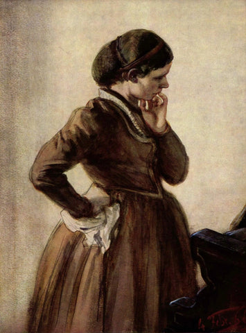 {{ product_title }} Fine Art Print | {{ product_vendor }} Jakero77 Adolph von Menzel - Emilie Menzel standing at Piano Klavier (1866) - 17" x 22" Art Print Art Print  Jakero77