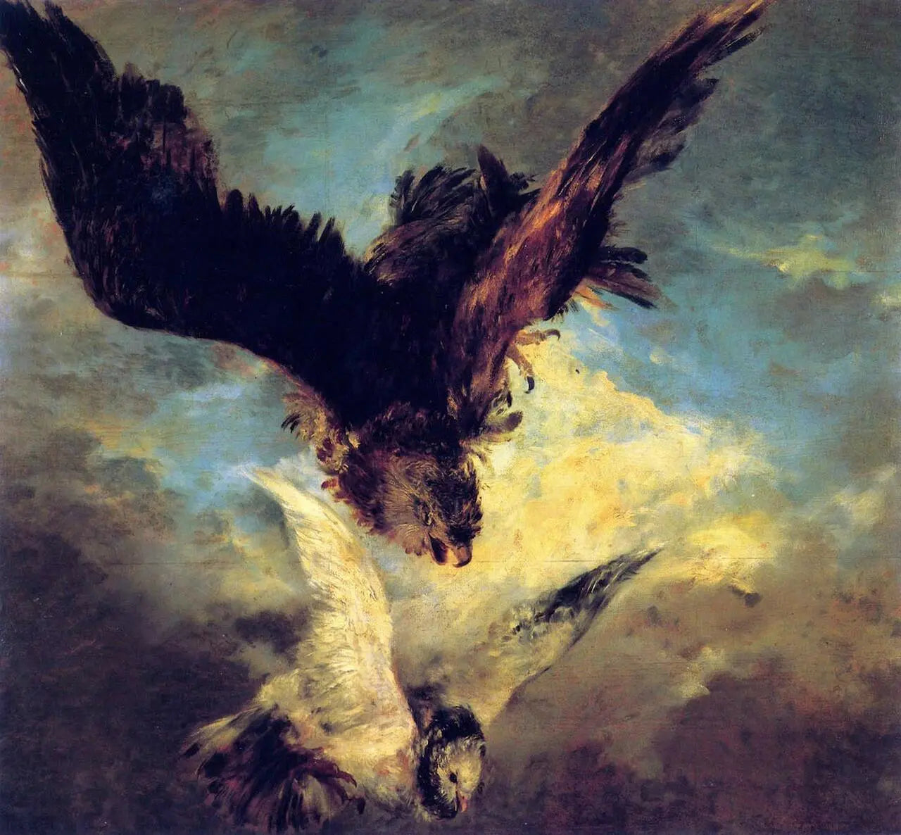 {{ product_title }} Fine Art Print | {{ product_vendor }} Jakero77 Adolph von Menzel - Falcon Hawk Attacking Pigeon (1844) - 17" x 22" Fine Art Print Art Print  Jakero77