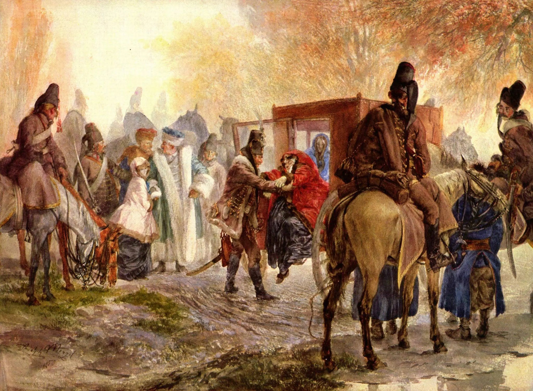{{ product_title }} Fine Art Print | {{ product_vendor }} Jakero77 Adolph von Menzel - Hussars Bring up Polish Family (1850) Signed - 17" x 22" Print Art Print  Jakero77