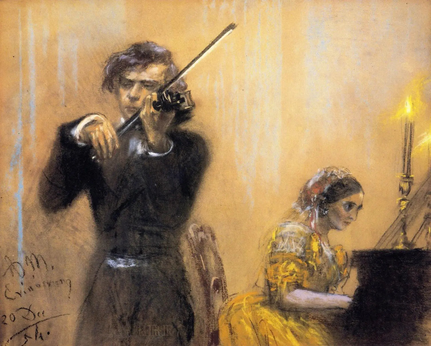 {{ product_title }} Fine Art Print | {{ product_vendor }} Jakero77 Adolph von Menzel - Joseph Joachim & Clara Schumann in Concert (1854) Signed - 17"x22" Fine Art Print Art Print  Jakero77