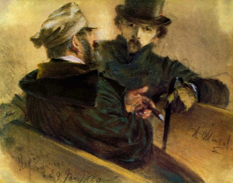 {{ product_title }} Fine Art Print | {{ product_vendor }} Jakero77 Adolph von Menzel - Two Discussing Voters (1849) Signed - 17" x 22" Fine Art Print Art Print  Jakero77