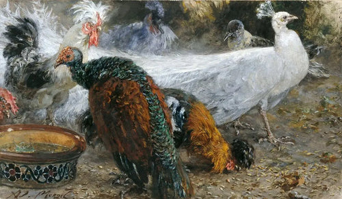 {{ product_title }} Fine Art Print | {{ product_vendor }} Jakero77 Adolph von Menzel - White Peacock Among Turkeys & Chickens Signed - 17"x22" Fine Art Print Art Print  Jakero77