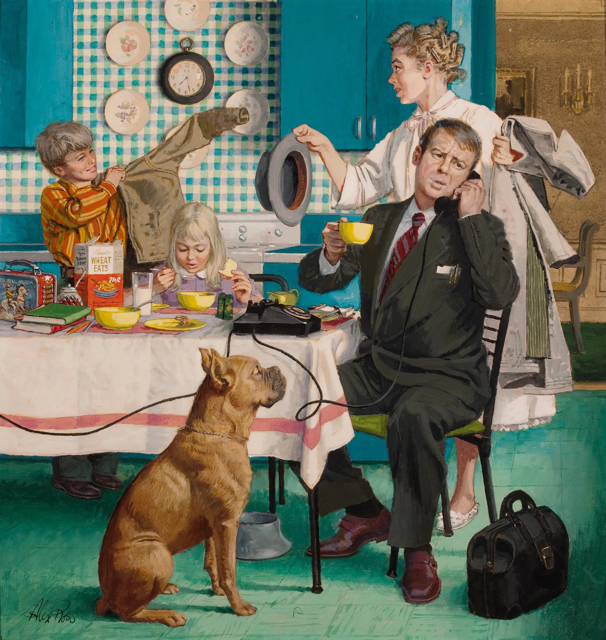 {{ product_title }} Fine Art Print | {{ product_vendor }} Jakero77 Alexander Ross - A Hectic Morning Breakfast 1950s Family Life Signed - 17" x 22" Fine Art Print Art Print  Jakero77