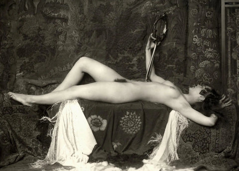 {{ product_title }} Fine Art Print | {{ product_vendor }} Jakero77 Alfred Cheney Johnston - 1920s Nude Female Laying Down Looking in Mirror - 17"x22" Fine Art Print Art Print  Jakero77