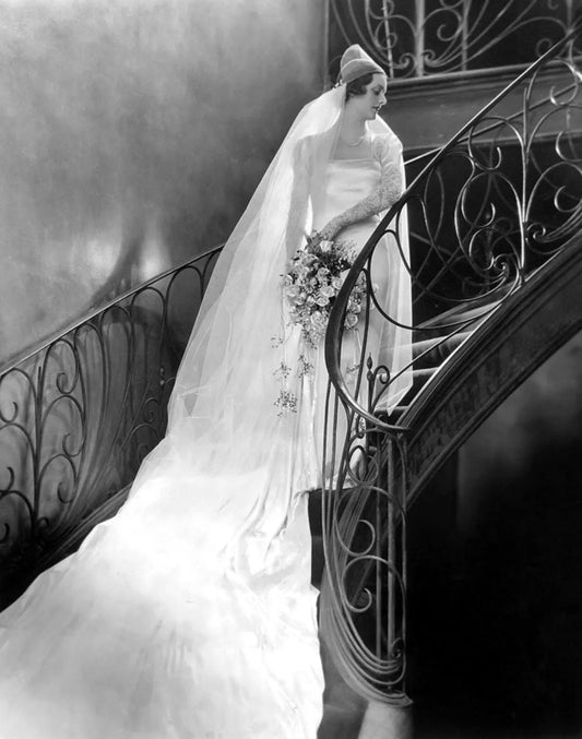 {{ product_title }} Fine Art Print | {{ product_vendor }} Jakero77 Alfred Cheney Johnston - Bride in Wedding Dress on Staircase (1920s) - 17" x 22" Fine Art Print Art Print  Jakero77