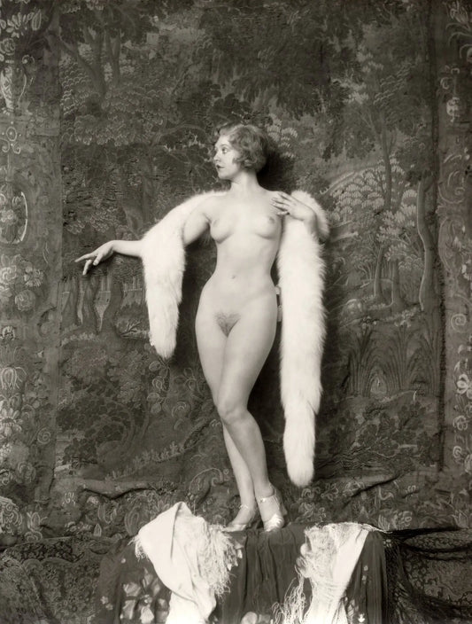 {{ product_title }} Fine Art Print | {{ product_vendor }} Jakero77 Alfred Cheney Johnston - Nude Ziegfeld Follies Girl Posing (1920s) Fur - 17" x 22" Fine Art Print Art Print  Jakero77