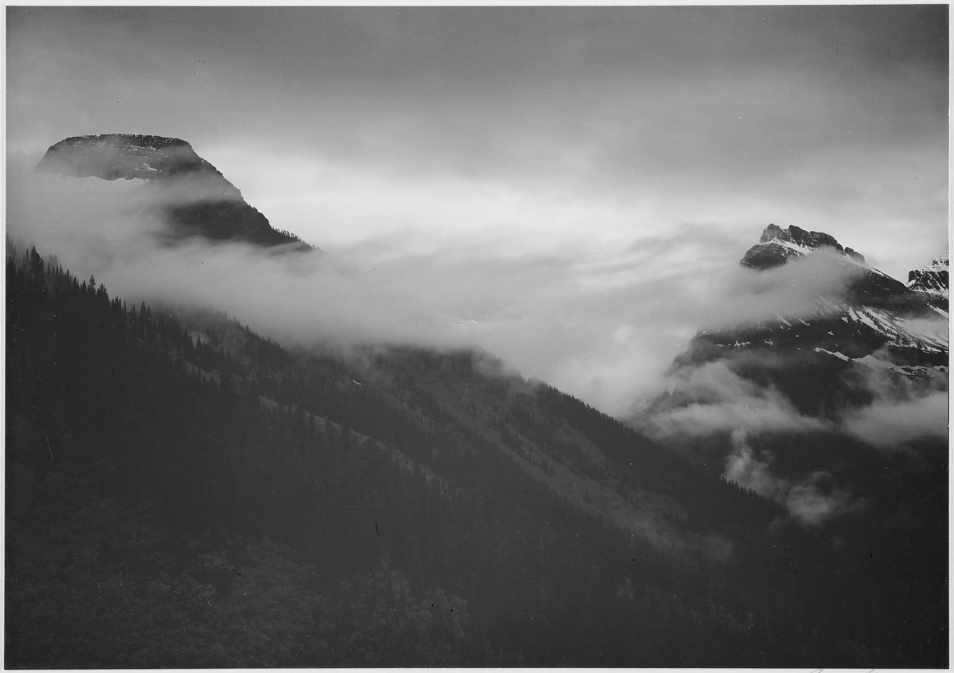 {{ product_title }} Fine Art Print | {{ product_vendor }} Jakero77 Ansel Adams - Clouds Covering Mountains Glacier Park Montana (1941) - 17" x 22" Fine Art Print Art Print  Jakero77