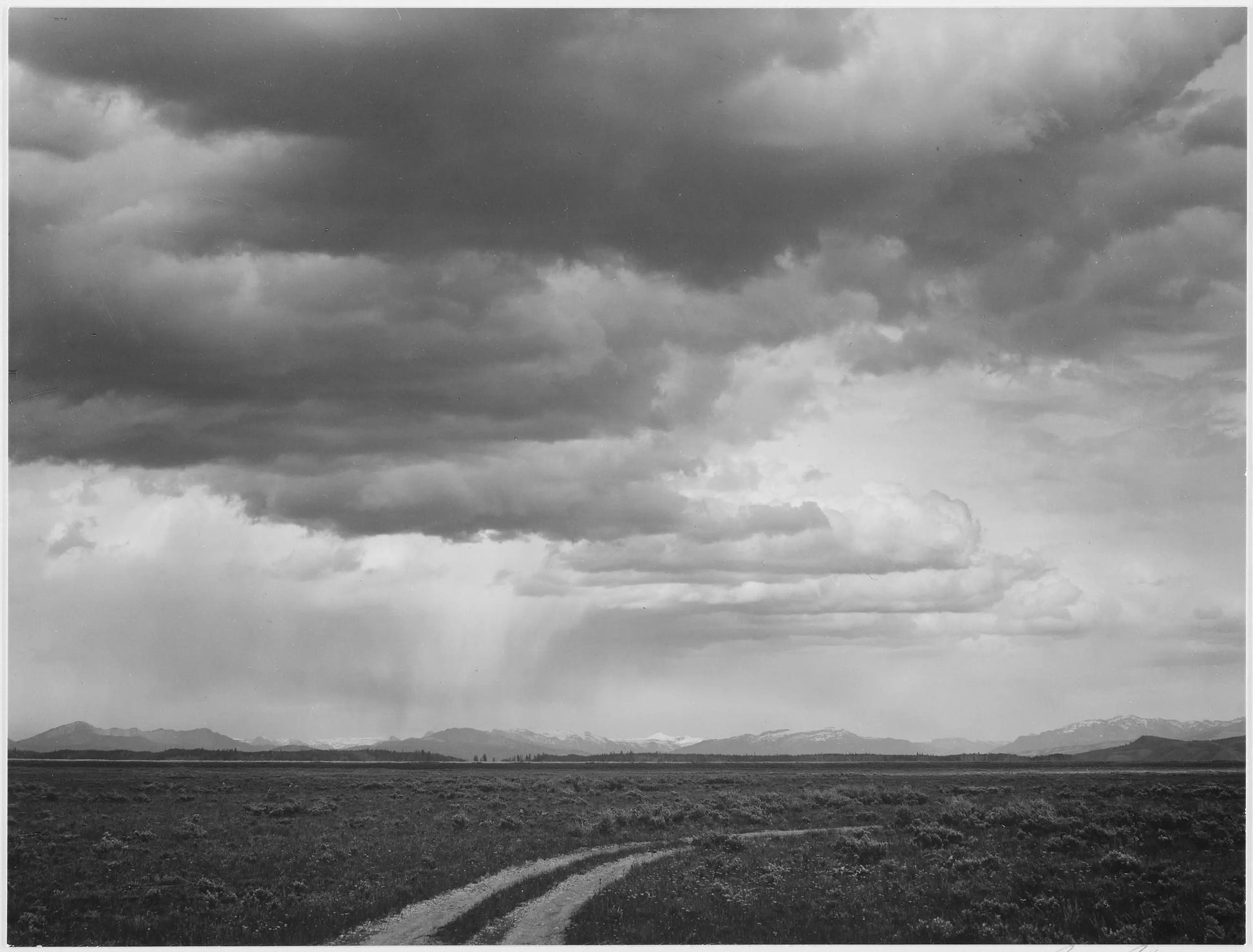 {{ product_title }} Fine Art Print | {{ product_vendor }} Jakero77 Ansel Adams - Roadway Low Horizon Mountains Clouded Sky Grand Teton (1941) - 17" x 22" Fine Art Print Art Print  Jakero77