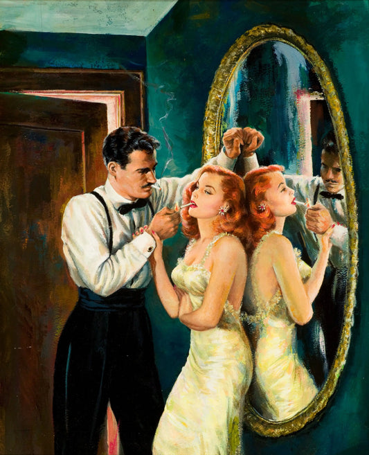 {{ product_title }} Fine Art Print | {{ product_vendor }} Jakero77 Arthur Sarnoff - 1950s Flirting Man Lighting Woman's Cigarette - 17" x 22" Print Art Print  Jakero77