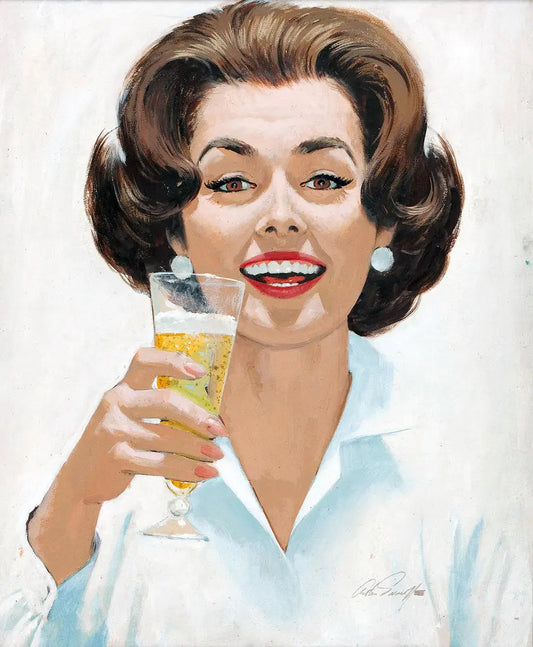 {{ product_title }} Fine Art Print | {{ product_vendor }} Jakero77 Arthur Sarnoff - 1950s Wife Holding Beer Glass Signed - 17" x 22" Fine Art Print Art Print  Jakero77
