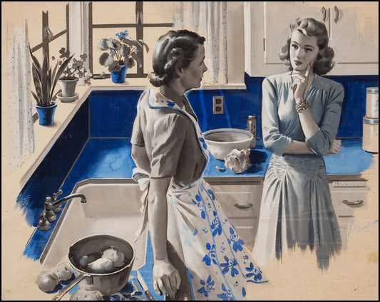 {{ product_title }} Fine Art Print | {{ product_vendor }} Jakero77 Arthur Sarnoff - A Conversation in the Kitchen 1950s Signed - 17" x 22" Art Print Art Print  Jakero77