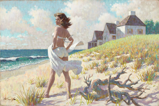 {{ product_title }} Fine Art Print | {{ product_vendor }} Jakero77 Arthur Sarnoff - A Gentle Breeze 1950s Pinup Girl on Beach - 17" x 22" Art Print Art Print  Jakero77