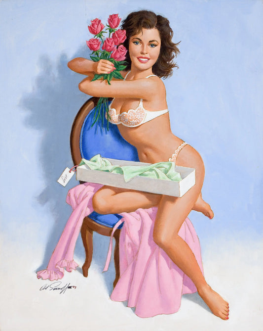 {{ product_title }} Fine Art Print | {{ product_vendor }} Jakero77 Arthur Sarnoff - A Gift, Pinup Girl in Lingerie with Flowers - 17"x22" Art Print Art Print  Jakero77