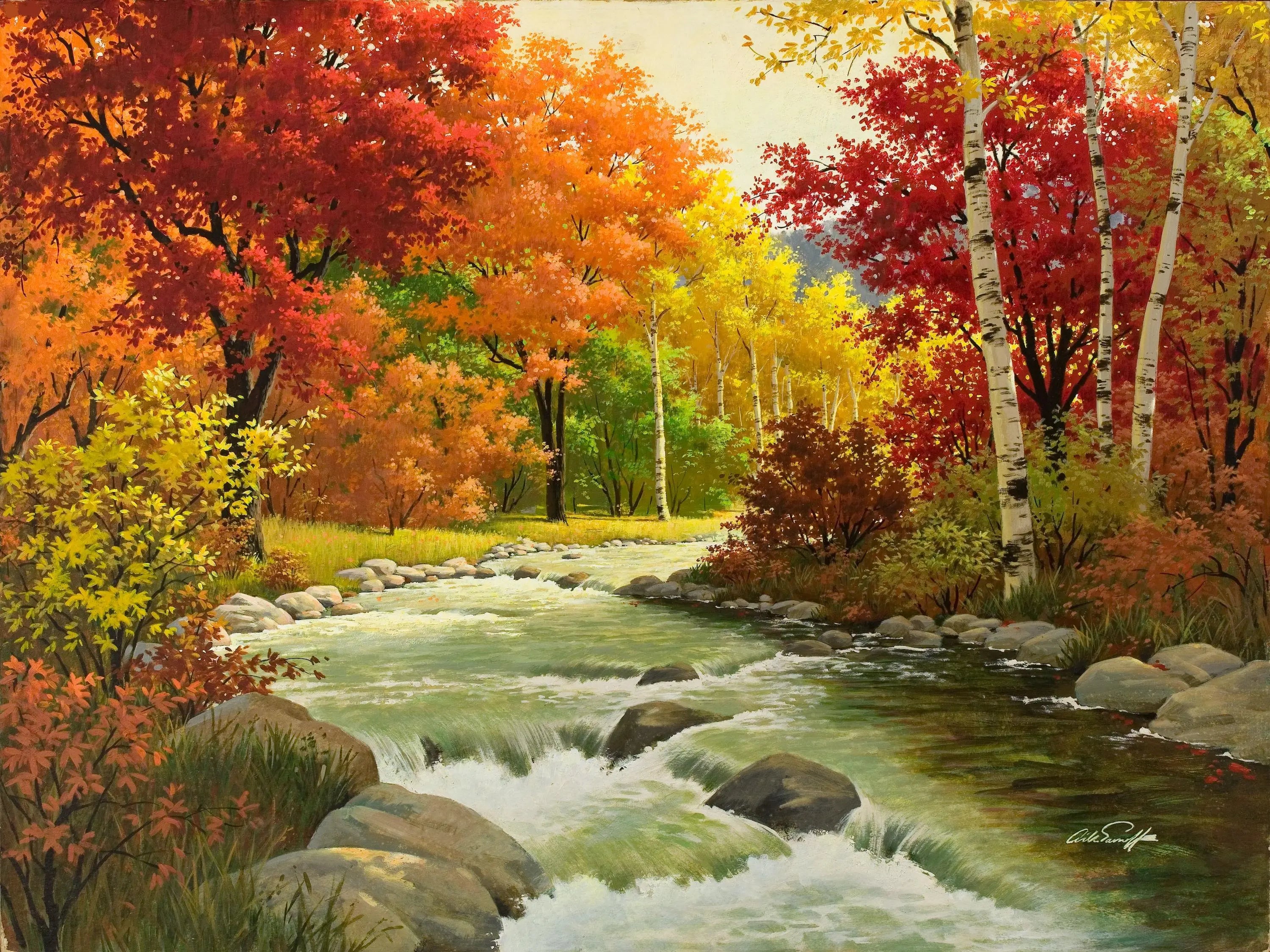 {{ product_title }} Fine Art Print | {{ product_vendor }} Jakero77 Arthur Sarnoff - Autumn Hues & Stream (1940s) Signed - 17" x 22" Fine Art Print Art Print  Jakero77