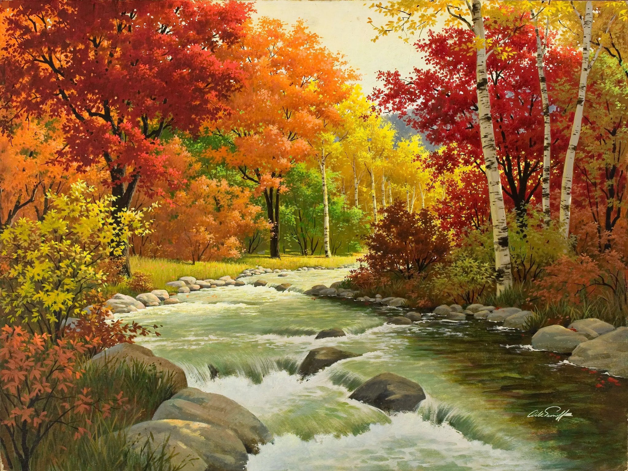 {{ product_title }} Fine Art Print | {{ product_vendor }} Jakero77 Arthur Sarnoff - Autumn Hues & Stream (1940s) Signed - 17" x 22" Fine Art Print Art Print  Jakero77