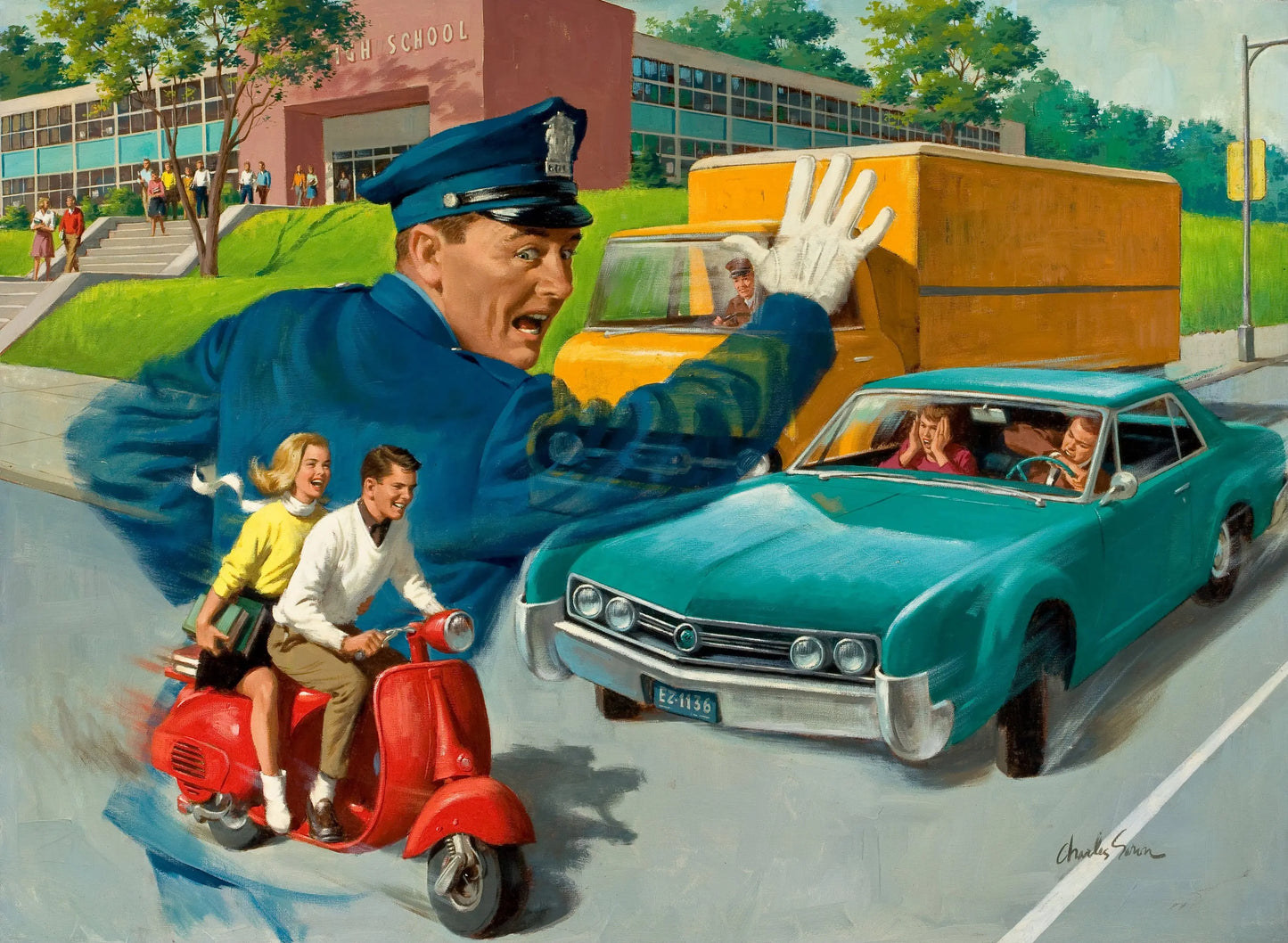 {{ product_title }} Fine Art Print | {{ product_vendor }} Jakero77 Arthur Sarnoff - Avoiding a Traffic Collision (1950s) Signed - 17"x22" Art Print Art Print  Jakero77