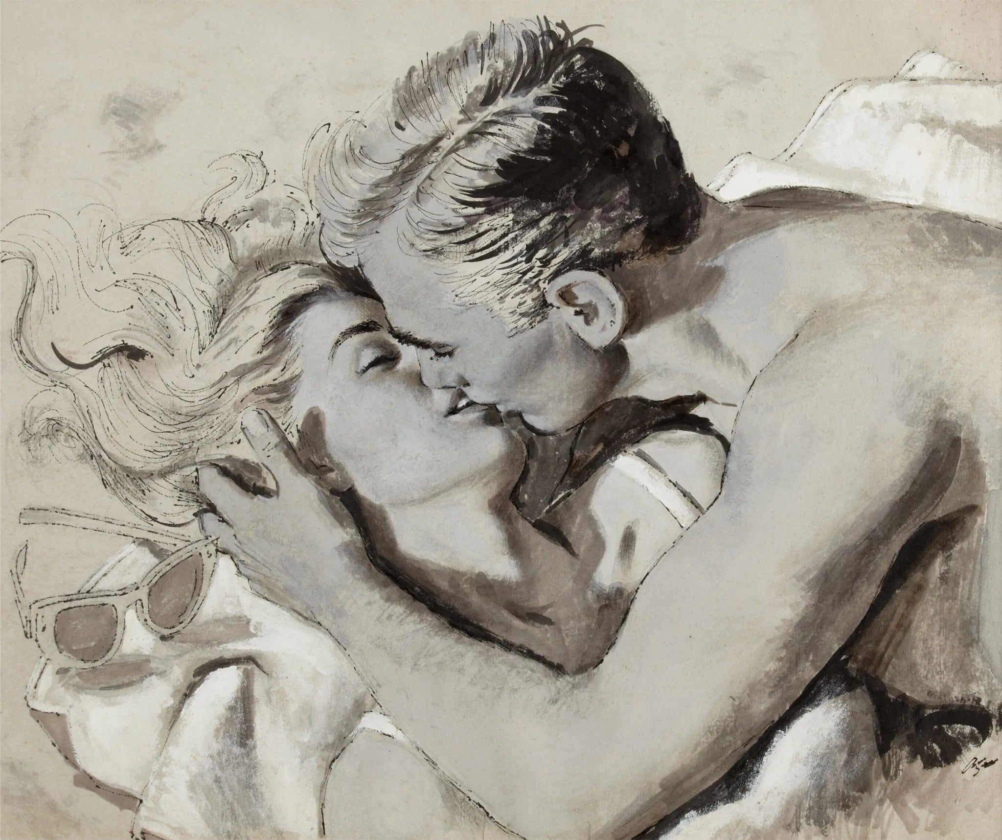 {{ product_title }} Fine Art Print | {{ product_vendor }} Jakero77 Arthur Sarnoff - Beach Kiss Romance Love (1950s) Initialed - 17" x 22" Art Print Art Print  Jakero77