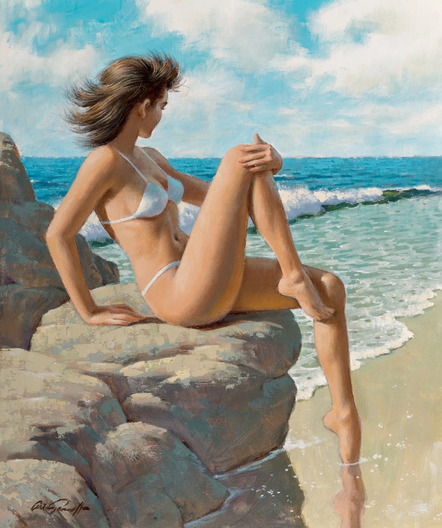 {{ product_title }} Fine Art Print | {{ product_vendor }} Jakero77 Arthur Sarnoff - Beauty on the Rocks 1960s Pin-up Girl in Bikini Signed - 17"x22" Fine Art Print Art Print  Jakero77