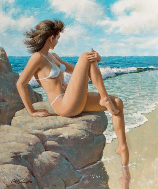 {{ product_title }} Fine Art Print | {{ product_vendor }} Jakero77 Arthur Sarnoff - Beauty on the Rocks 1960s Pin-up Girl in Bikini Signed - 17"x22" Fine Art Print Art Print  Jakero77