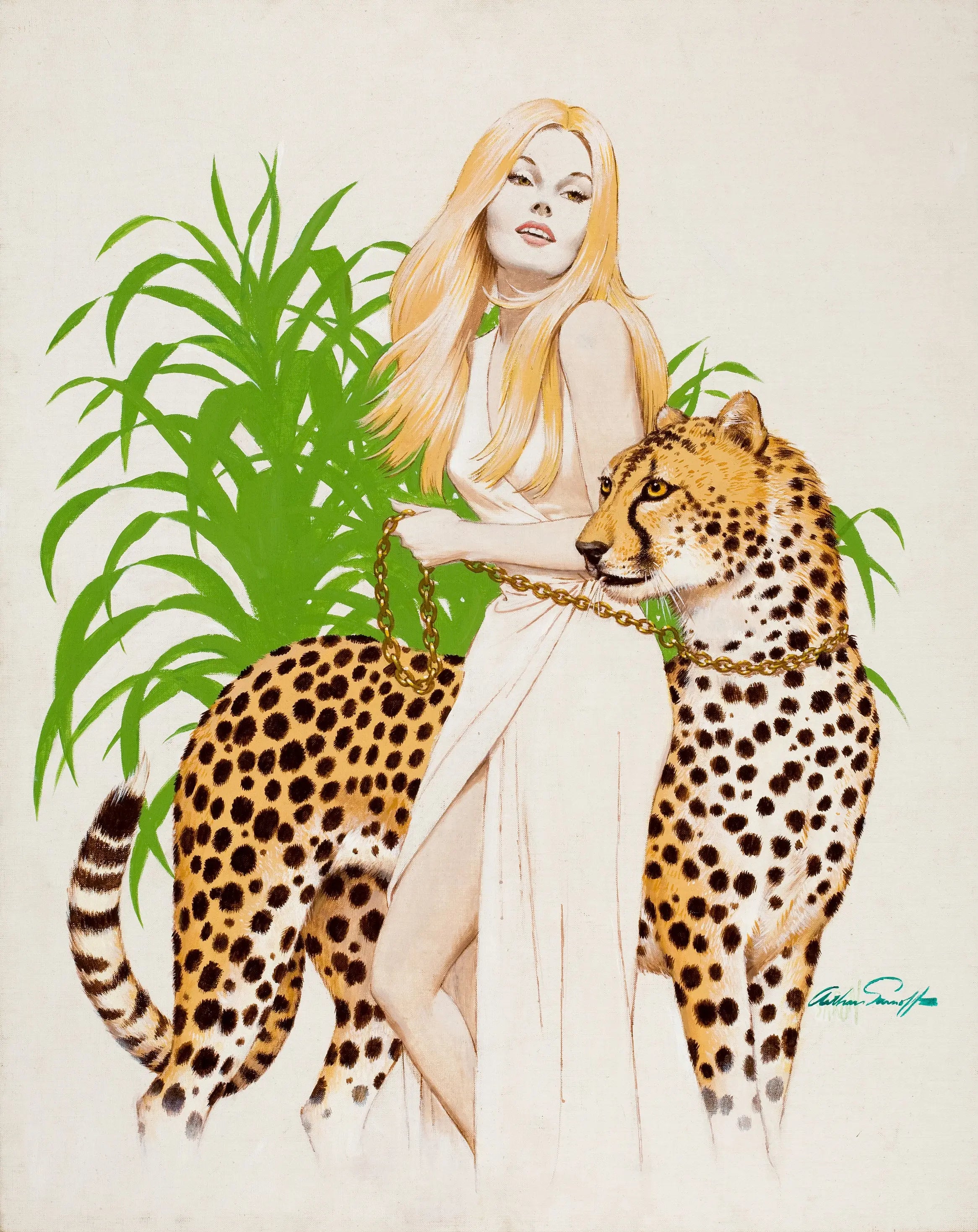 {{ product_title }} Fine Art Print | {{ product_vendor }} Jakero77 Arthur Sarnoff - Beauty with a Cheetah Pin-up Girl 1960s Signed - 17" x 22" Print Art Print  Jakero77