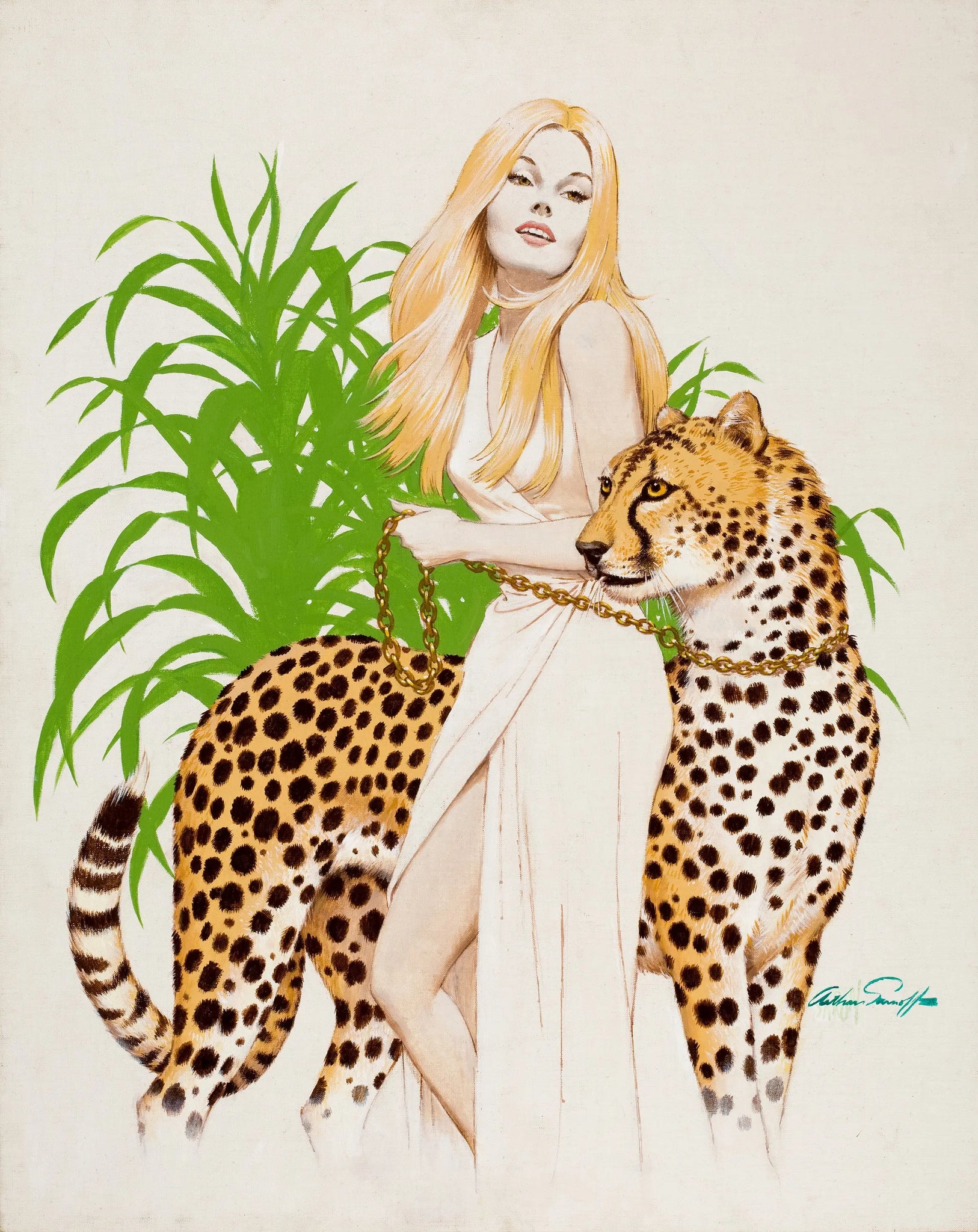 {{ product_title }} Fine Art Print | {{ product_vendor }} Jakero77 Arthur Sarnoff - Beauty with a Cheetah Pin-up Girl 1960s Signed - 17" x 22" Print Art Print  Jakero77
