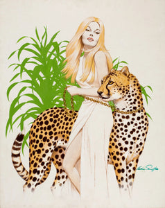 {{ product_title }} Fine Art Print | {{ product_vendor }} Jakero77 Arthur Sarnoff - Beauty with a Cheetah Pin-up Girl 1960s Signed - 17" x 22" Print Art Print  Jakero77